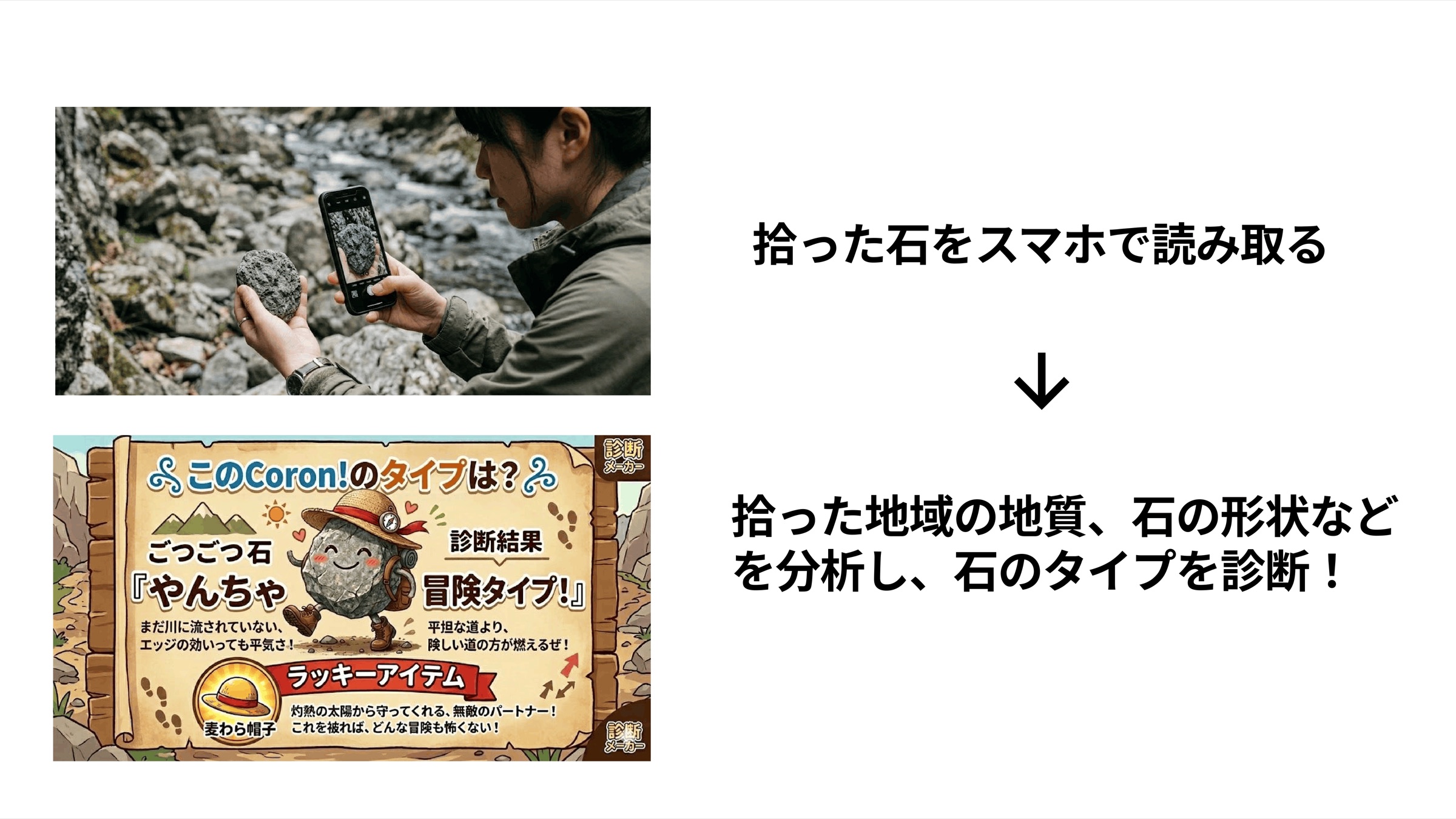 拾った石をスマホで読み取り、地質や形状から石のタイプを診断